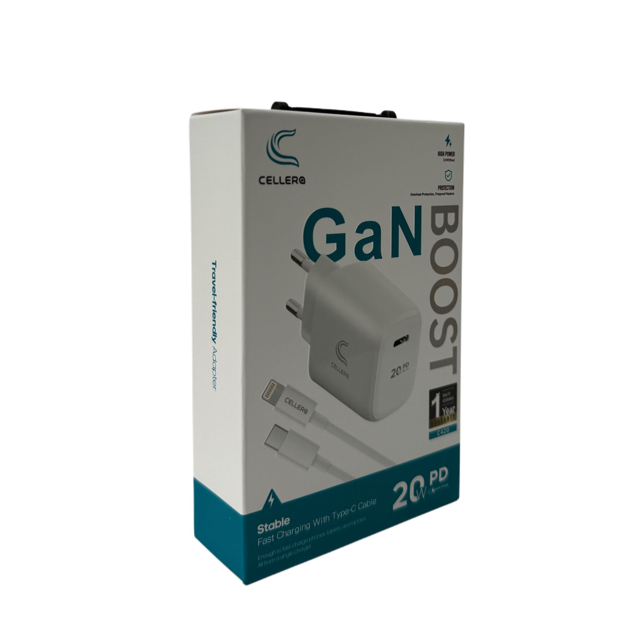 מטען קיר CELLERA GAN 20W PD כולל כבל אייפון 